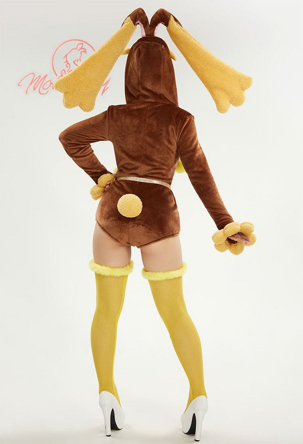 PM Dérivé Homewear en Peluche Bodysuit Brun Moelleux à Capuche avec Bas de Cuisse et Tour de Cou