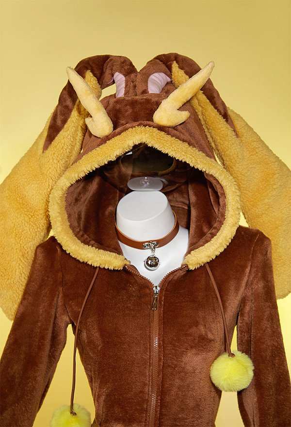 PM Dérivé Homewear en Peluche Bodysuit Brun Moelleux à Capuche avec Bas de Cuisse et Tour de Cou