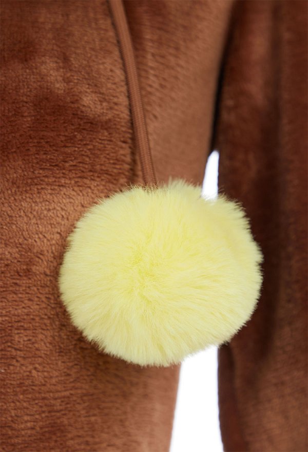 PM Dérivé Homewear en Peluche Bodysuit Brun Moelleux à Capuche avec Bas de Cuisse et Tour de Cou