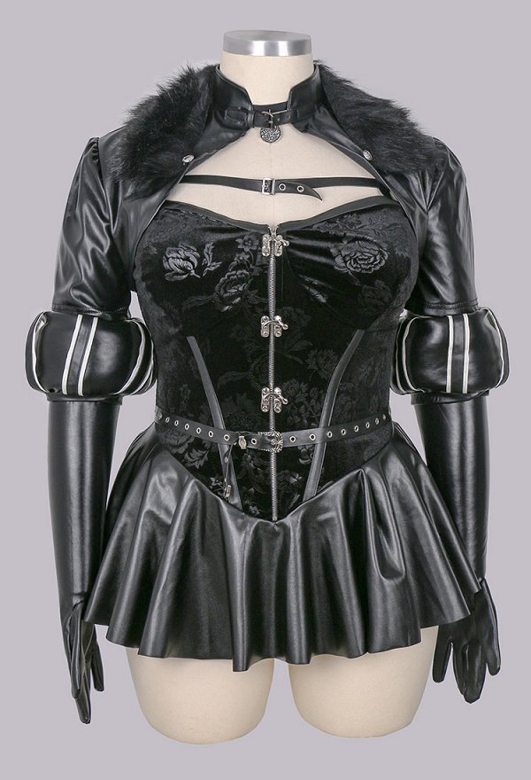 Plus Size Yennefer Dérivé Ensemble de Lingerie Sexy Robe Noire et Manteau Court avec Gants et Ceinture