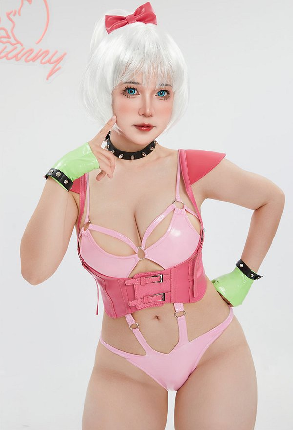 Chica Derivative Sexy Dessous Set Cut Out Rosa Bodysuit Lingerie Taillenmieder mit Beinwärmern Haar Accessoire
