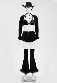 Gothic Cowgirl Style Suit Black Sexy Bra and Skirt with Crop Top and Hat