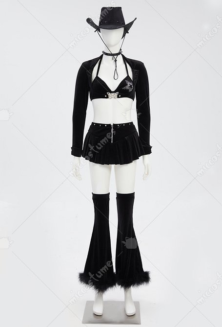 Ensemble de Style Cowgirl Gothique Soutien-gorge Noir Sexy et Jupe en Jeans avec Haut et Chapeau