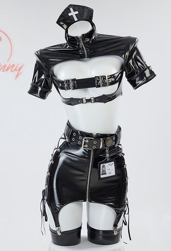 Sexy Lingerie Set Gothic Nurse Style Short Top and Lace-Up Hollow Out Half Skirt with Gloves Headband