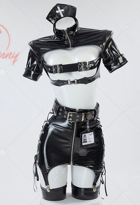 Ensemble de lingerie sexy gothique un haut court style infirmière et une jupe mi-longue à découpes avec des gants et un bandeau assortis