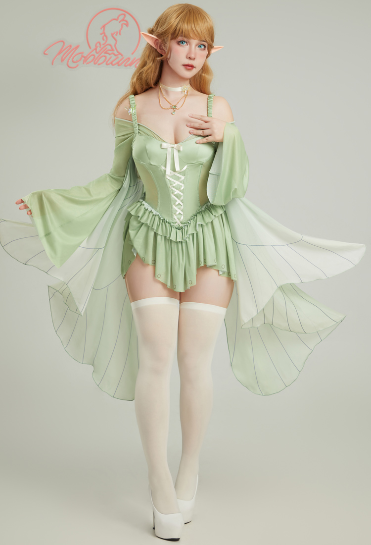 Disfraz de Cosplay Conjunto de lencería sexy de elfo mono elegante con volantes verdes y collar con medias
