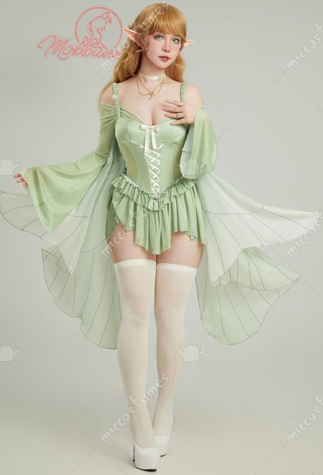 Disfraz de Cosplay Conjunto de lencería sexy de elfo mono elegante con volantes verdes y collar con medias