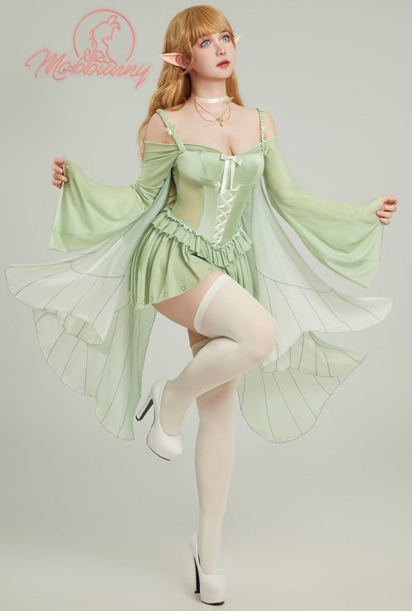 Disfraz de Cosplay Conjunto de lencería sexy de elfo mono elegante con volantes verdes y collar con medias Disfraz de Cosplay Conjunto de lencería sexy de elfo mono elegante con volantes verdes y collar con medias