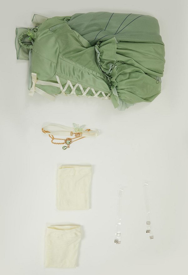 Disfraz de Cosplay Conjunto de lencería sexy de elfo mono elegante con volantes verdes y collar con medias Disfraz de Cosplay Conjunto de lencería sexy de elfo mono elegante con volantes verdes y collar con medias