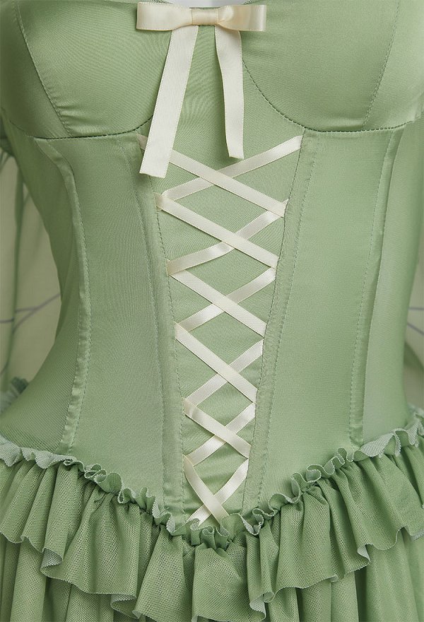 Disfraz de Cosplay Conjunto de lencería sexy de elfo mono elegante con volantes verdes y collar con medias Disfraz de Cosplay Conjunto de lencería sexy de elfo mono elegante con volantes verdes y collar con medias