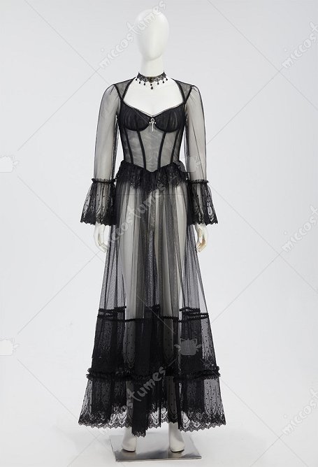 Gothic Kleid Vampir Stil halbtransparentes langes Kleid aus schwarzer Spitze mit Halsband