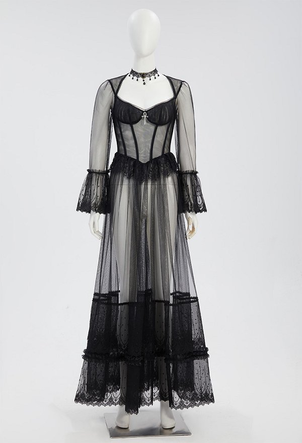 Disfraz de Cosplay Vestido largo negro de encaje semitransparente de estilo vampiro gótico con collar