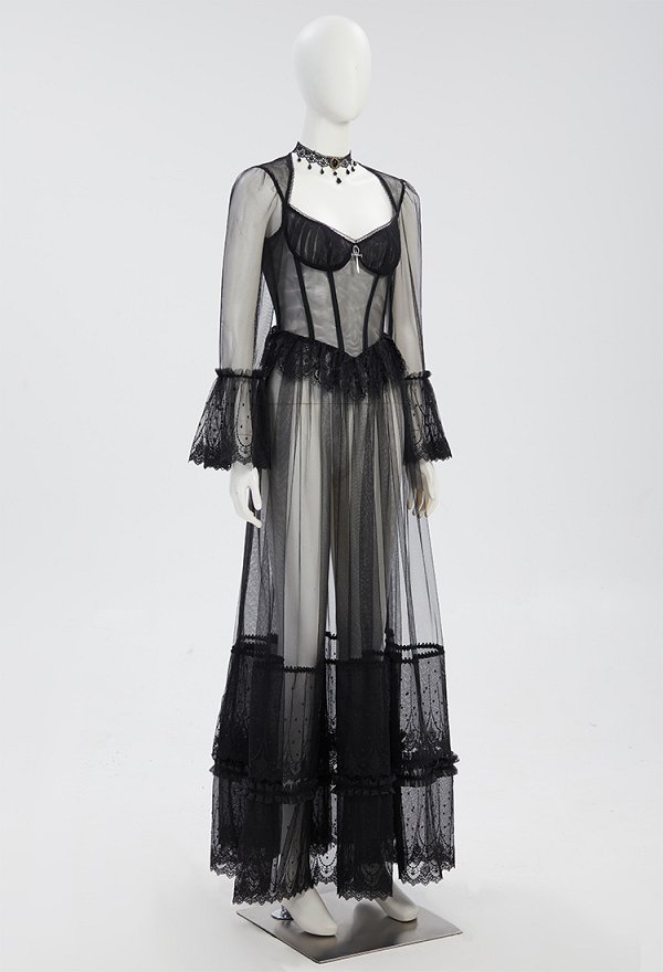 Disfraz de Cosplay Vestido largo negro de encaje semitransparente de estilo vampiro gótico con collar