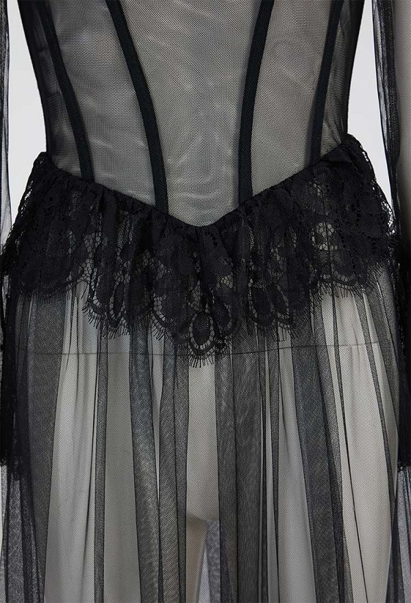 Disfraz de Cosplay Vestido largo negro de encaje semitransparente de estilo vampiro gótico con collar