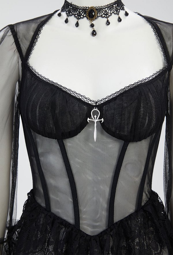 Disfraz de Cosplay Vestido largo negro de encaje semitransparente de estilo vampiro gótico con collar