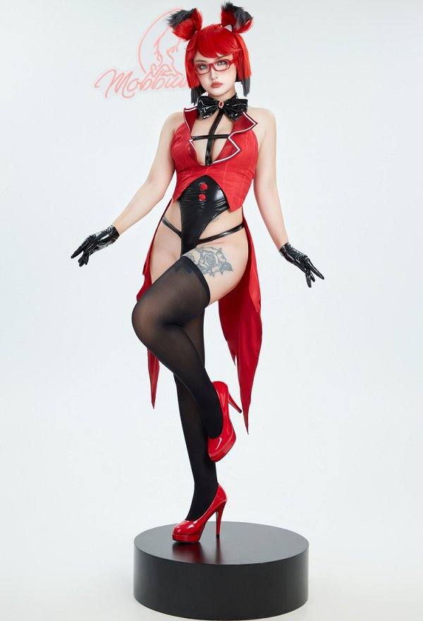 Radio Demon Derivative Sexy Lingerie Set Black Red Hollow Bodysuit and Gloves with Thigh-High Stockings
