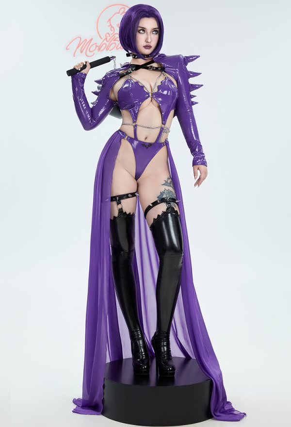 PM Derivative Conjunto de lencería sexy Body recortado morado y abrigo con capucha con falda y gargantilla