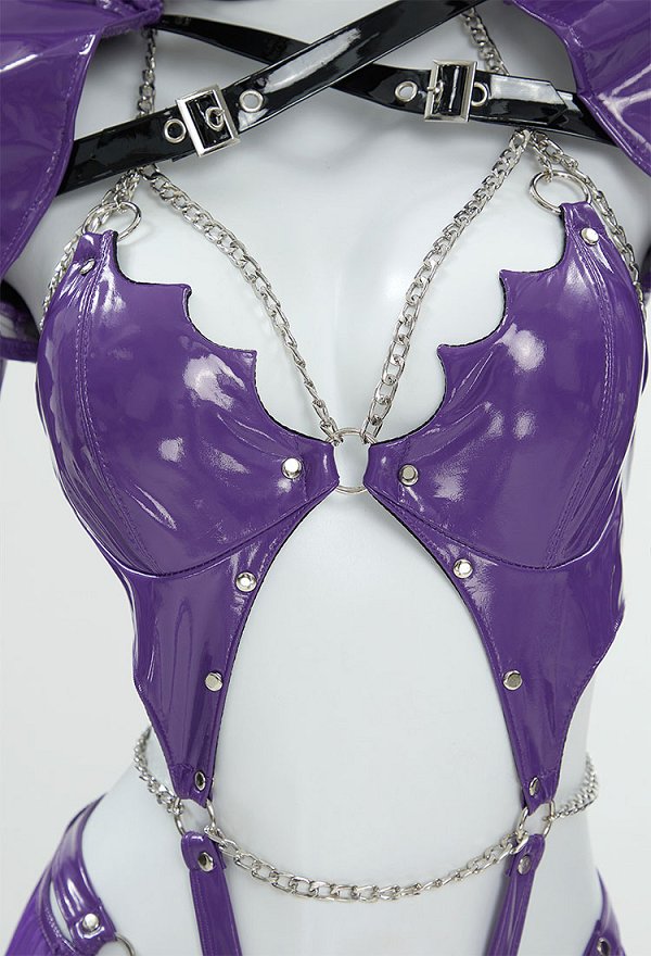 PM Derivative Conjunto de lencería sexy Body recortado morado y abrigo con capucha con falda y gargantilla