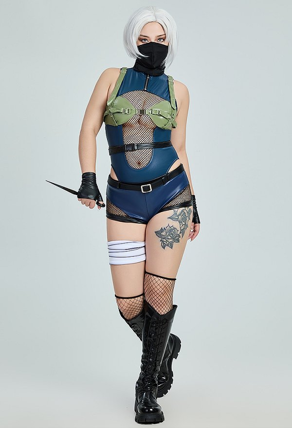 Conjunto de lencería sexy Ninja Derivative mono de malla recortada y pantalones cortos con guantes y máscara