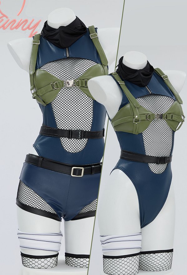 Conjunto de lencería sexy Ninja Derivative mono de malla recortada y pantalones cortos con guantes y máscara