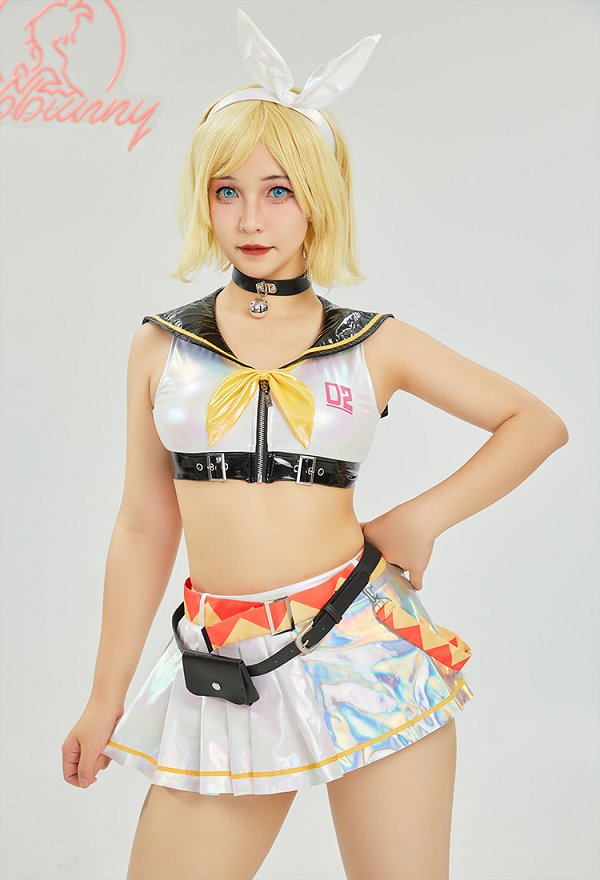 Vocal Rin Derivative Conjunto de lencería sexy con top corto y minifalda con medias con diadema Vocal Rin Derivative Conjunto de lencería sexy con top corto y minifalda con medias con diadema