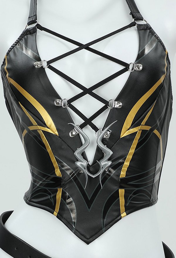 Disfraz de Cosplay Conjunto de lencería sexy derivado de Shadowheart top con cuello halter y pantalones cortos con aberturas y cinturón con anillo para el brazo Disfraz de Cosplay Conjunto de lencería sexy derivado de Shadowheart top con cuello halter y pantalones cortos con aberturas y cinturón con anillo para el brazo