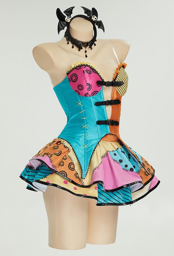 Sally Derivative Sexy Lingerie Set Gothic Halloween Corlorful Patchwork V-neck Corset and Double Layered Skirt with Choker