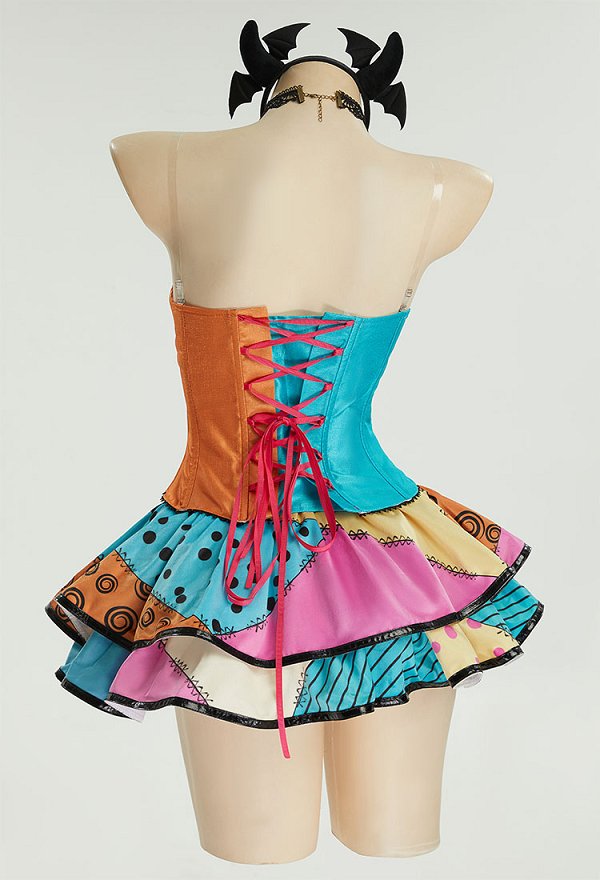 Sally Derivative Sexy Lingerie Set Gothic Halloween Corlorful Patchwork V-neck Corset and Double Layered Skirt with Choker