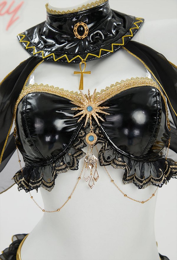 Disfraz de Cosplay Sexy Erotic Anubis Lencería Conjunto Hollow Out Sin Cintura Top y Pantalones con Bajo Falda y Cuello