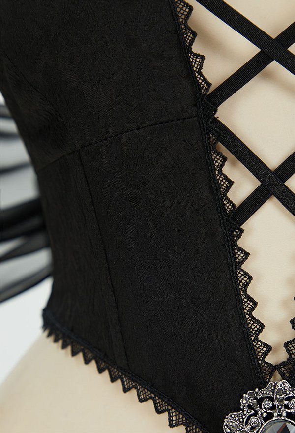 Combinaison noire sexy style elfe gothique avec manches chapeau et collier Combinaison noire sexy style elfe gothique avec manches chapeau et collier