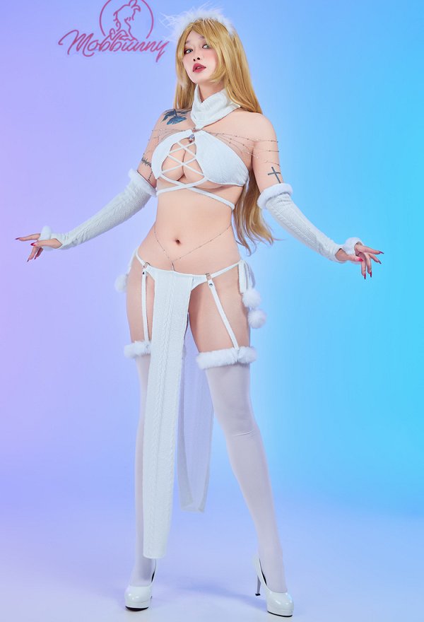 Conjunto de lencería sexy de nieve blanca Ice Season con top y falda calados con cordones y mangas