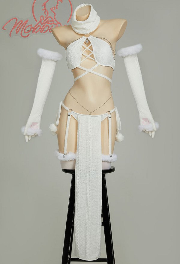 Conjunto de lencería sexy de nieve blanca Ice Season con top y falda calados con cordones y mangas