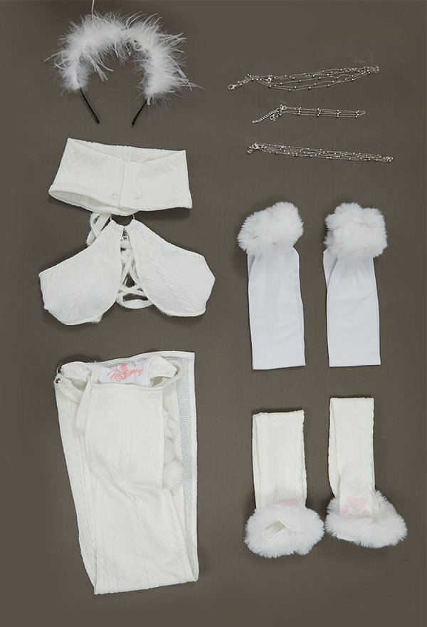 Conjunto de lencería sexy de nieve blanca Ice Season con top y falda calados con cordones y mangas