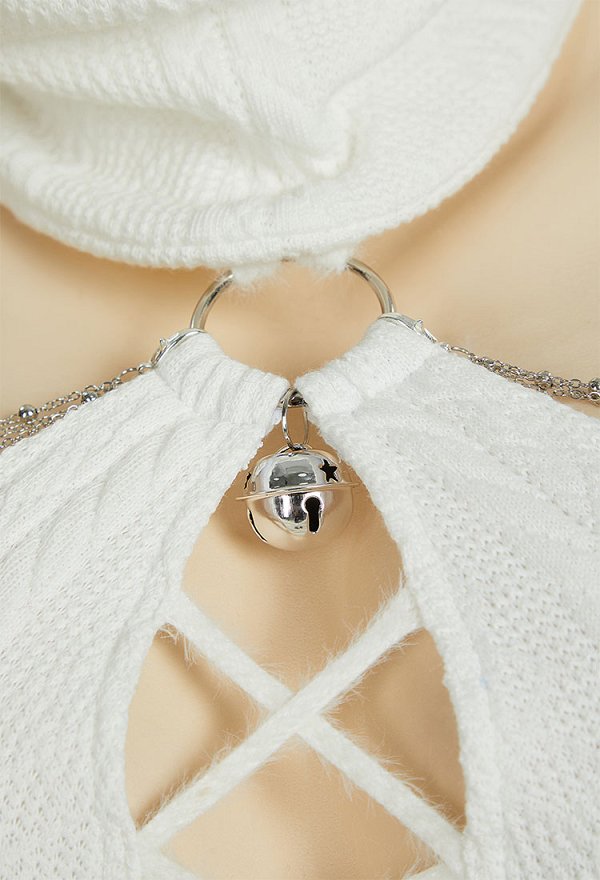 Conjunto de lencería sexy de nieve blanca Ice Season con top y falda calados con cordones y mangas