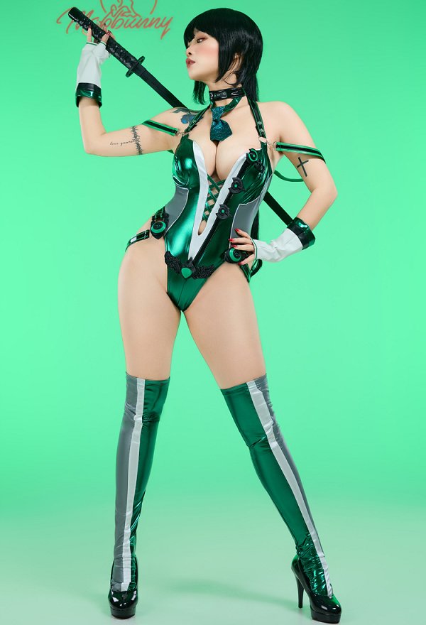 Eve Dérivé Sexy Lingerie Combinaison à Bretelles Croisées en V Profond Style Cyber-mécanique ​​avec Gants et Chaussettes
