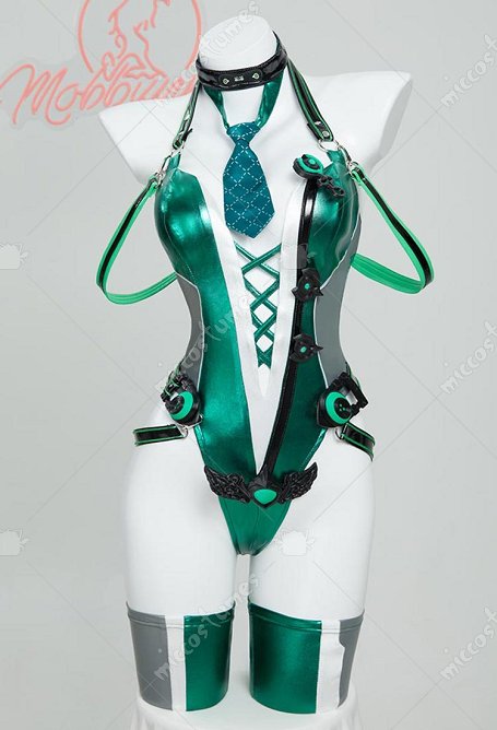   Cosplay Eve Derivative Sexy Erotic Bodysuit Cyber Mechanical Style Deep V Cross Strap Bodysuit mit Handschuhen und Socken