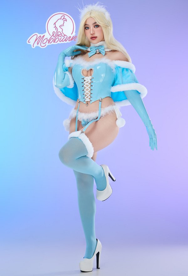 Sexy Lingerie Set Winter Christmas Blue White Furry Heart Hollow Top and Panty with Cloak