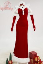 Rotes Weihnachts Sexy Dessous Kleid Plüsch Hoch Cut Rückenfrei Christmas Lingerie Langes Kleid mit Hut Handschuhen Rotes Weihnachts Sexy Dessous Kleid Plüsch Hoch Cut Rückenfrei Christmas Lingerie Langes Kleid mit Hut Handschuhen