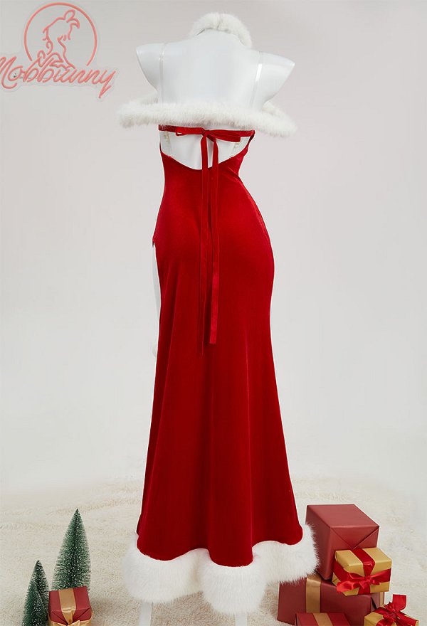 Sexy Vestido Erótico Navidad Felpa Alto Split Vestido Sin Espalda Largo con Sombrero y Guantes