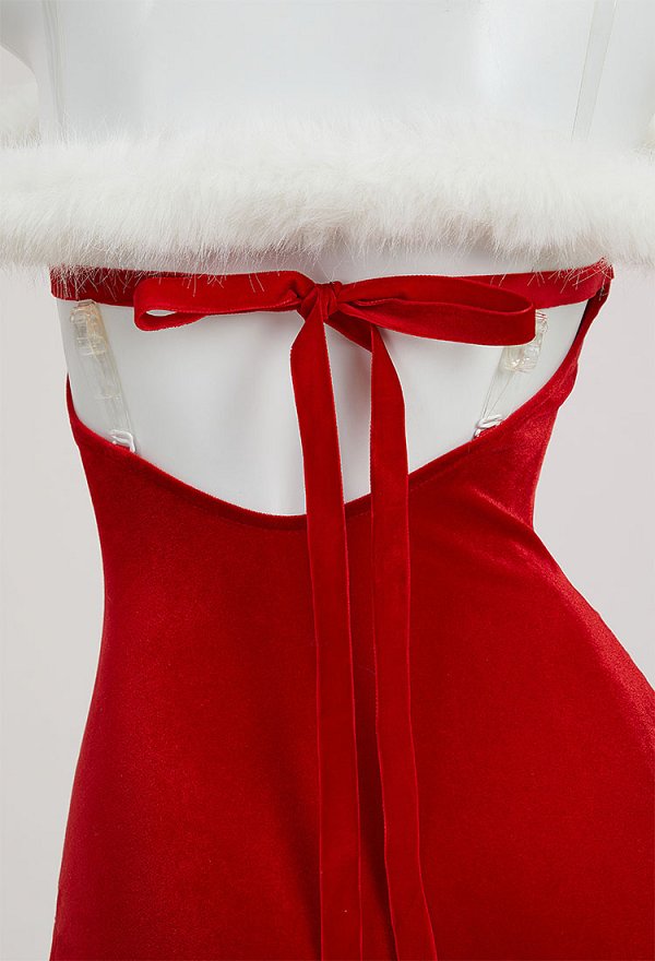 Sexy Vestido Erótico Navidad Felpa Alto Split Vestido Sin Espalda Largo con Sombrero y Guantes