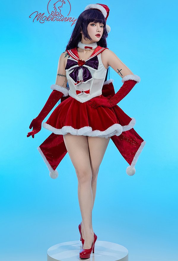 Disfraz de Cosplay Sailor Mars Derivada Sexy Erotica Conjunto Navidad Vestido Lazo Esponjoso con Capa y Sombrero
