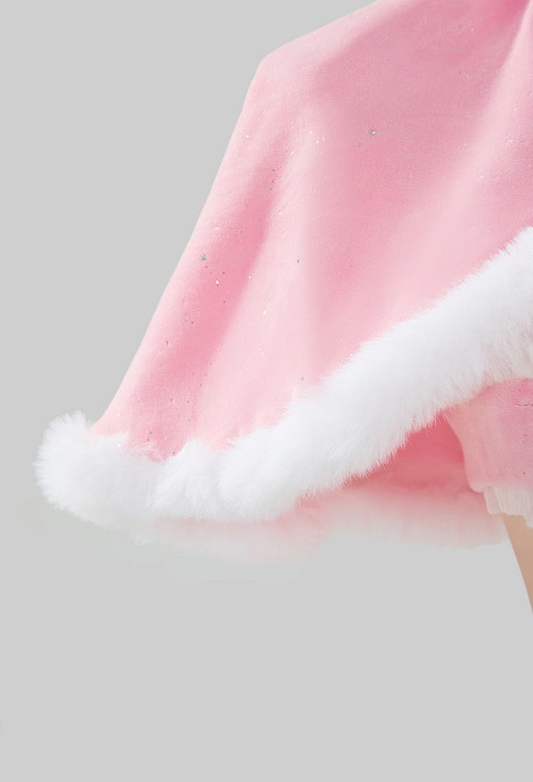 Pink Furry Sexy Lingerie Set Christmas Gift Bowknot Bandage Bodysuit with Cape and Hat