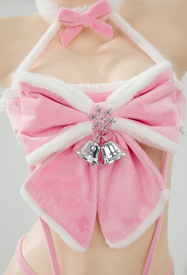 Pink Furry Sexy Lingerie Set Christmas Gift Bowknot Bandage Bodysuit with Cape and Hat