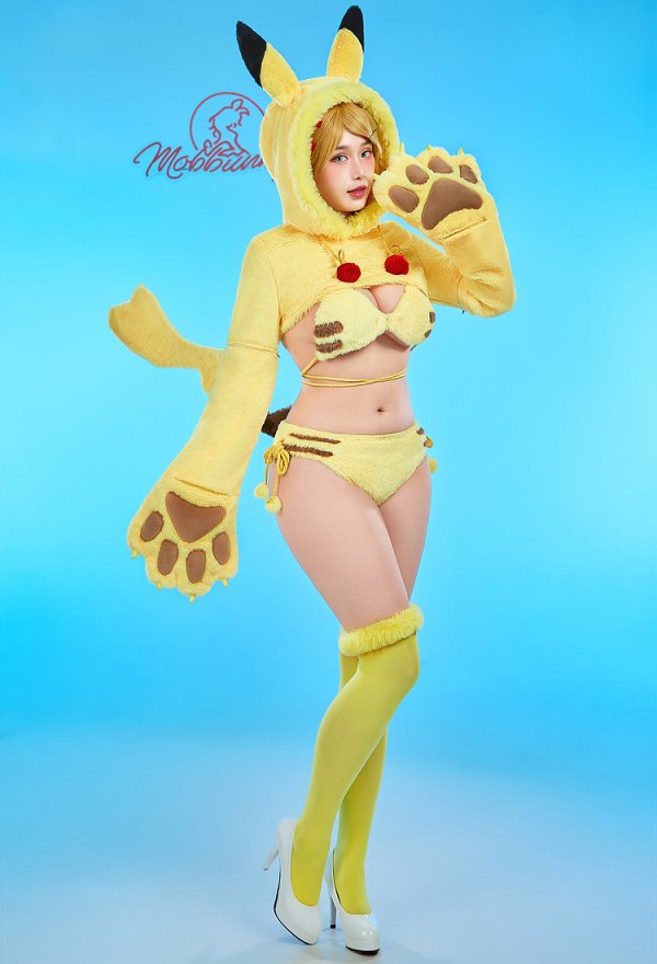 PM Derivado Bikini Furry Paw Amarillo Sexy Conjunto Erótico Gran Pata Sudadera con Capucha y Lencería Braga con Cola