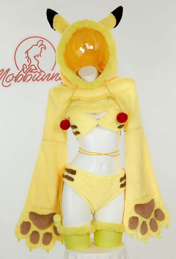 PM Derivado Bikini Furry Paw Amarillo Sexy Conjunto Erótico Gran Pata Sudadera con Capucha y Lencería Braga con Cola
