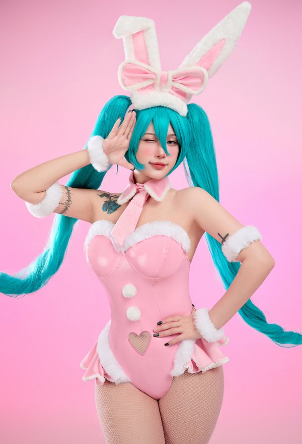 Vocal Derivado Sexy Erótico Rosa Conejito Niña Conjunto Navidad Esponjoso Corazón Hueco Fuera Body con Conejito Orejas Bandas Pelo y Cola