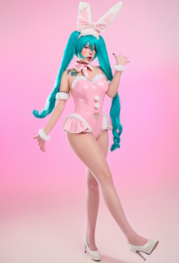 Vocal Derivado Sexy Erótico Rosa Conejito Niña Conjunto Navidad Esponjoso Corazón Hueco Fuera Body con Conejito Orejas Bandas Pelo y Cola