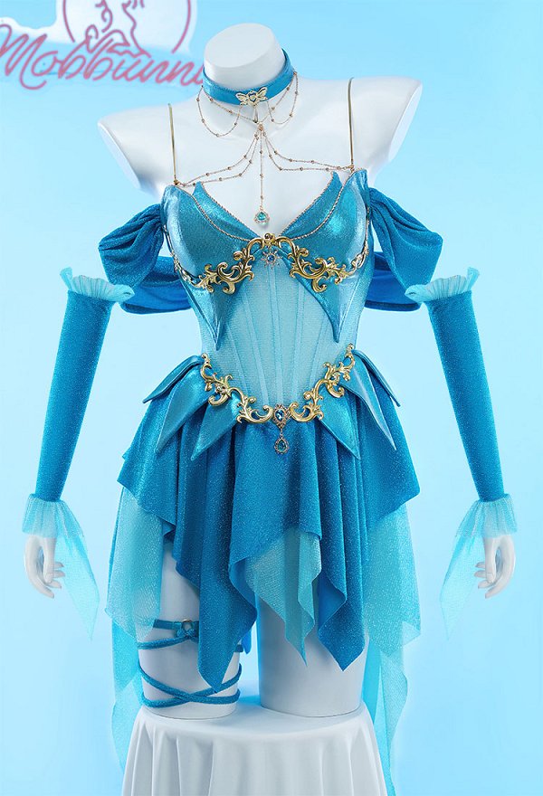 Bloom Derivat Sexy Dessous Kleid Lingerie Tief Ausgeschnit Unregelmäßig Blaues Kleid mit Ärmeln Halsreif Cosplay Bloom Derivat Sexy Dessous Kleid Lingerie Tief Ausgeschnit Unregelmäßig Blaues Kleid mit Ärmeln Halsreif Cosplay