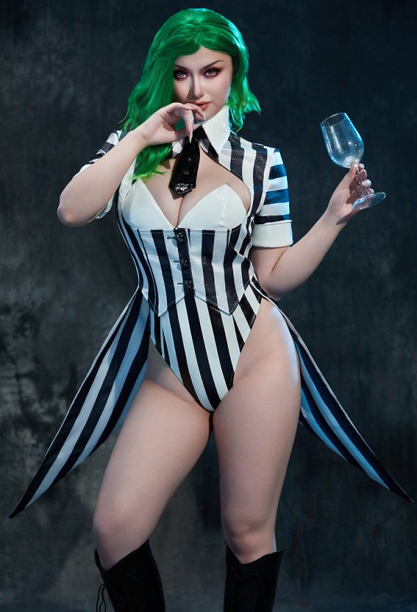 Beetlejuice Dérivé Ensemble de Lingerie Sexy Combinaison Rayé en Cuir et Veste avec Cravate