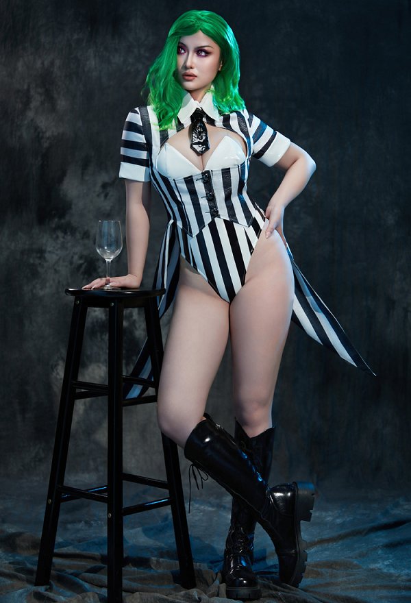 Beetlejuice Dérivé Ensemble de Lingerie Sexy Combinaison Rayé en Cuir et Veste avec Cravate
